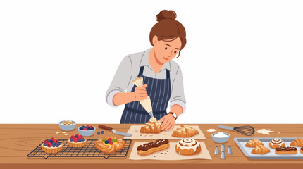 Fototapeta premium Baker Decorating Pastries: A focused baker, adorned in an apron, meticulously frosts a croissant with a piping bag.