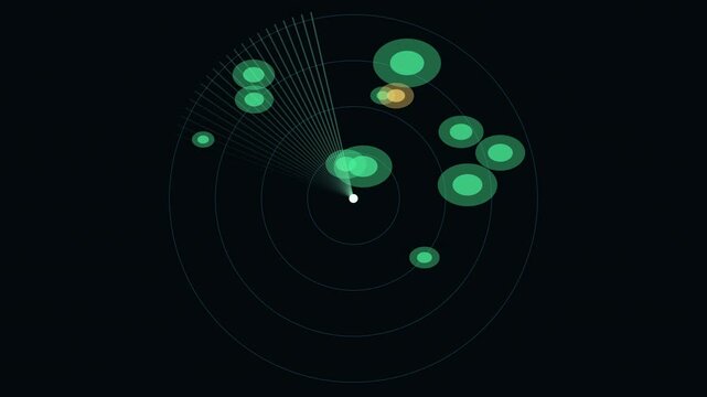 Abstract animated storm cells moving across a weather radar drawn as green and cyan glowing lines and dots on a deep dark background. Clean minimal motion graphics element with free space around it, i