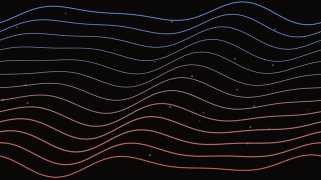 Abstract animated isotherm contour lines shifting across a map drawn as cool blue-white glowing lines and dots on a deep dark background. Clean minimal motion graphics element with free space around i