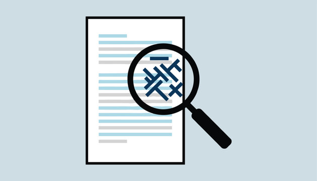 Magnifying glass examining a document revealing chaotic abstract text details on a light blue background vector.