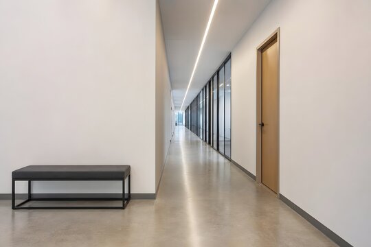 Long modern office corridor with bench and glass wall