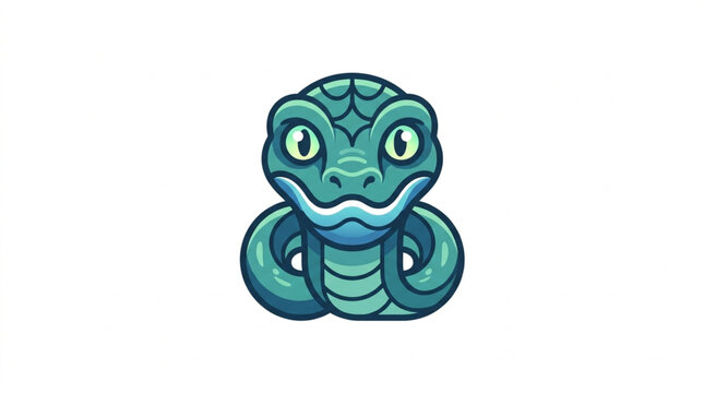 Cute cartoon blue snake with big eyes and smile.
