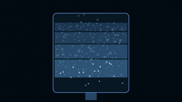 Abstract animated water filtering down through layers drawn as blue and cyan glowing lines and dots on a deep dark background. Clean minimal motion graphics element with free space around it, ideal fo