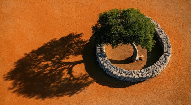 Single tree with a stone circle and dramatic shadow on ochre wall