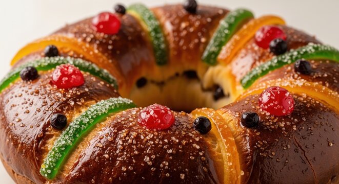 Traditional rosca de reyes sweet bread with candied fruit for epiphany