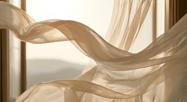 Ethereal sheer fabric gracefully drifts through a sunlit window