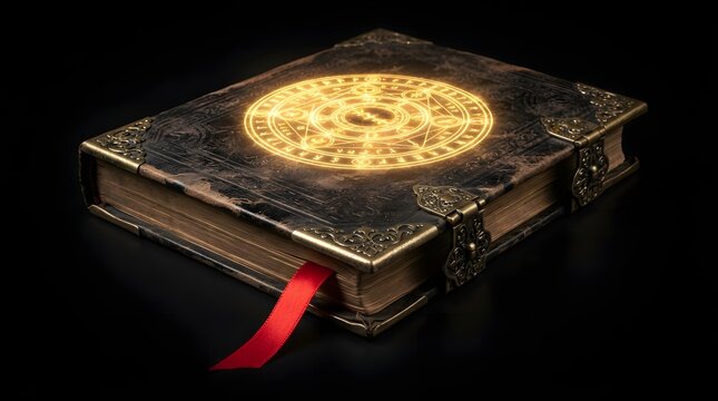 Ancient magical grimoire with glowing golden runes on cover