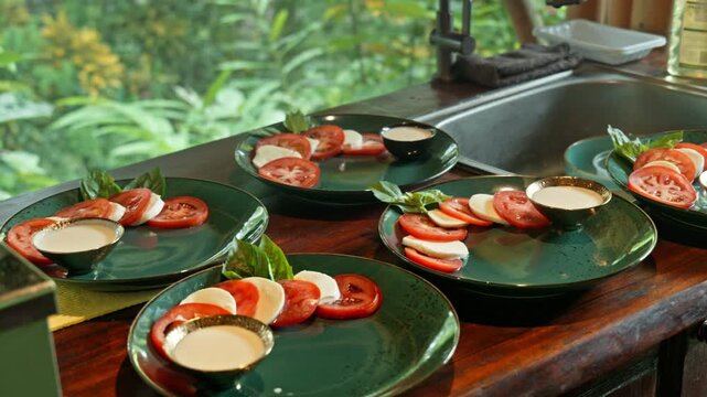 Caprese salad with ripe tomatoes, mozzarella cheese and fresh basil leaves on dark wooden boards. Close up with a chicken.