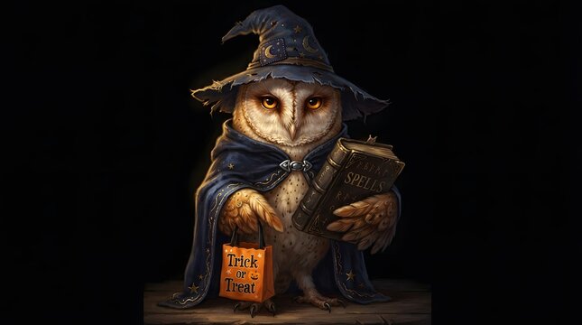 Wise owl wizard holding a spellbook and a trick or treat bag