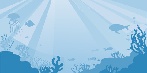 Underwater scene illustration with jellyfish fish and coral in shades of blue © Lovely