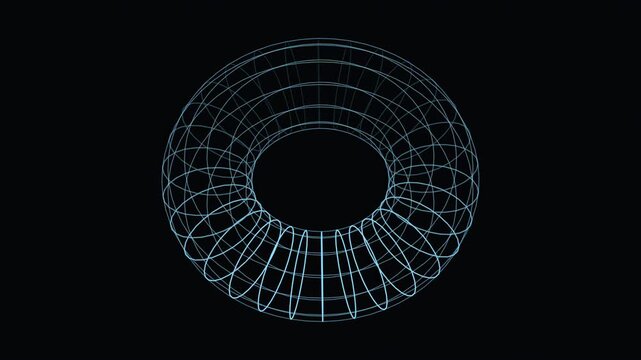 Abstract animated wireframe torus rotating drawn as cool blue-white glowing lines and dots on a deep dark background. Clean minimal motion graphics element with free space around it, ideal for technol