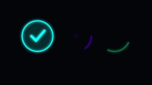 Vibrant neon glowing checkmark and dynamic loading animation set on a dark background, illustrating digital task completion and ongoing data processing stages