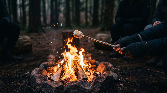 friends roasting marshmallow on stick over campfire in dark forest night camping