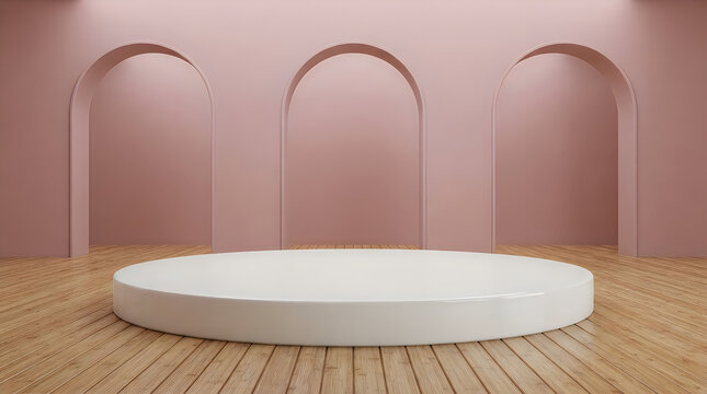 Empty white round podium for product display in a pink room with arches and wooden floor