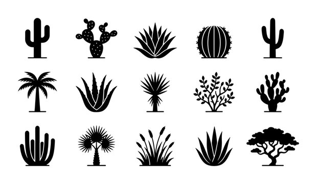 Desert Plants Vector Icons, Silhouette Cactus and Succulent Collection, Arid Flora Graphics for Nature and Botanical Designs