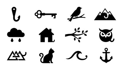 Fototapeta premium Vector Icon Set: Nature, Home, Animals, Objects, Weather, Nautical Symbols, 12 Black Silhouettes for Design