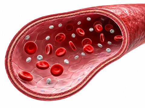 3D Rendering of Blood Vessel Cutaway filled with Erythrocytes and Platelets Flowing Through Lumen