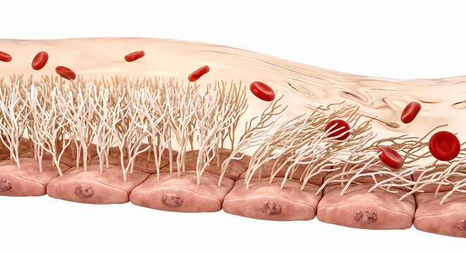 Microscopic 3D Rendering of Ciliated Epithelium Cells with Cilia cilia and Erythrocytes