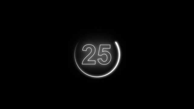 Neon countdown timer circle animation, glowing digital clock numbers for motion and broadcast overlay