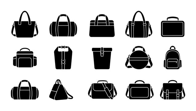 Set of 15 Black Vector Icons Representing Diverse Bag Styles: Totes, Duffels, Backpacks, and Briefcases for Travel, Shopping, and Everyday Use