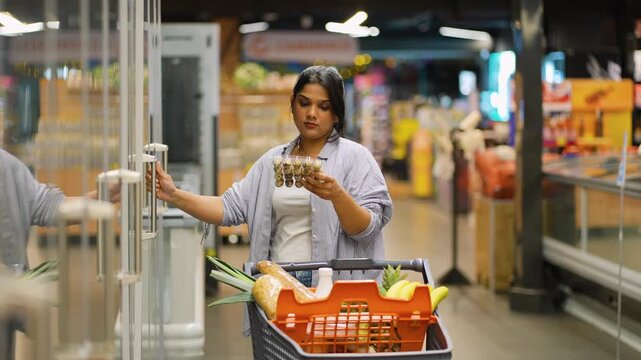 Indian woman buying quail eggs and groceries in a supermarket