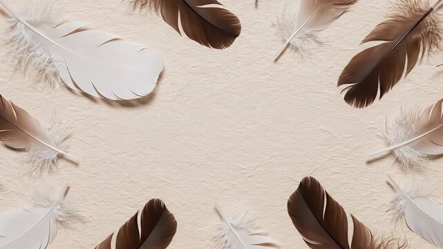 Soft downy feathers, white and brown, arranged on textured cream paper