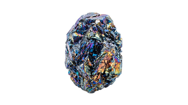Iridescent silicon carbide mineral specimen with dark metallic rainbow colors isolated on a white background, for geological research
