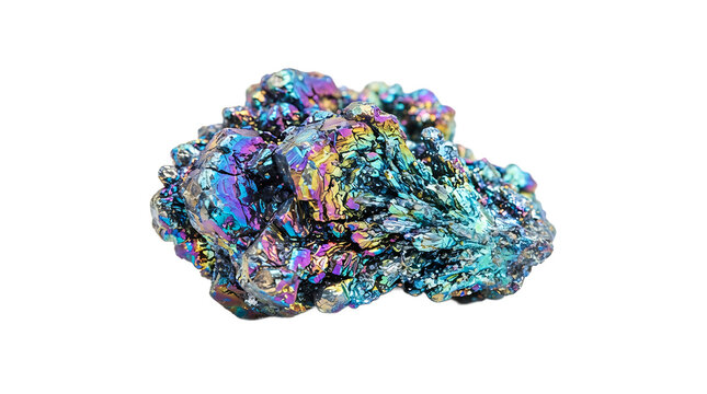Iridescent silicon carbide mineral cluster with rainbow metallic colors isolated on a white background, for geological collection display