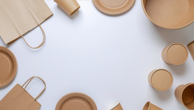 Eco-Friendly Kraft Paper Disposable Tableware Set Flat Lay on White Background