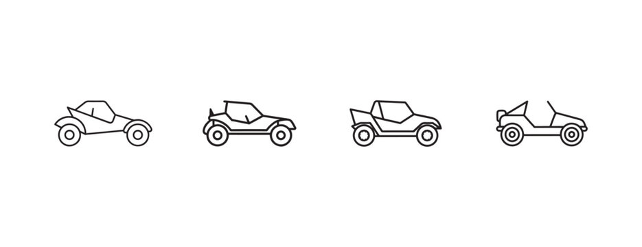 dune buggy vehicles in black line art style for graphic design and illustration purposes  various angles of offroad cars with simple outlines