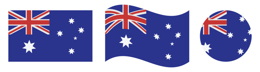 australia flag icon set vector, australian national flag in rectangle waving and round circle styles isolated on white background © Art Stor Pro