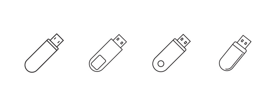 USB flash drives in various designs and orientations on a plain white background for data storage and transfer concepts  technology and computing
