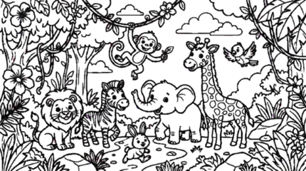 Fototapete Zoo Cute Animal Adventure Scene — lion, elephant, giraffe, monkey, zebra, rabbit and bird together in a playful jungle landscape, trees, flowers, vines and clouds, professional children's coloring book il  © BORHAN
