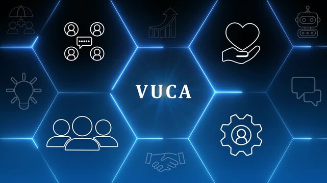 VUCA and strategic management. Smart management for new trend and rapid transition. Touching on VUCA text surrounded by volatility, uncertainty, complexity, ambiguity icons. Background, copy space.