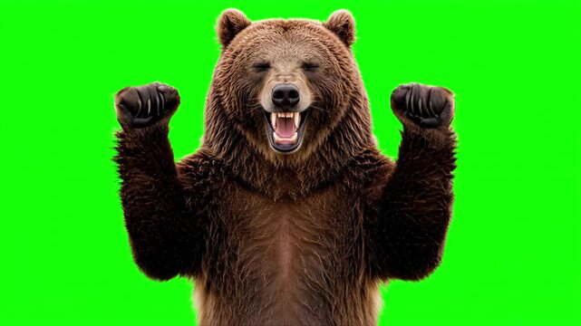 Realistic grizzly bear raising hands and cheering joyfully, victorious business success and winning celebration concept isolated on chroma key green screen background. 3D.