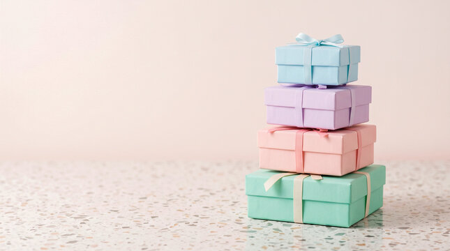 Stack of pastel colored gift boxes tied with ribbons on a surface