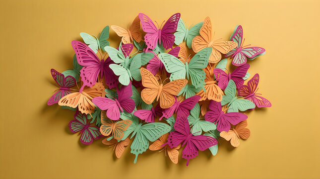 A beautiful cluster of colorful butterflies flying together on a soft yellow background