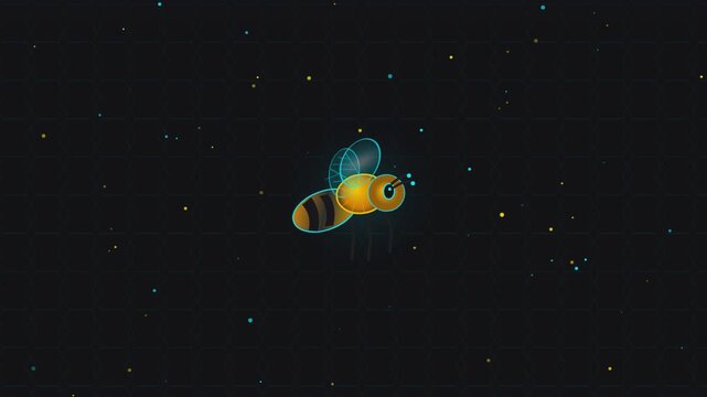 Animated bee flying through digital space with glowing particles and honeycomb grid motion background.