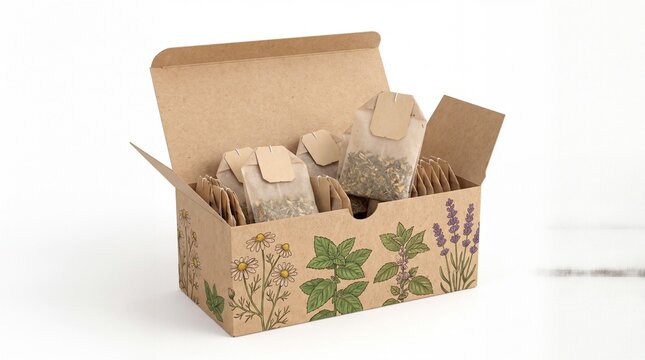 Eco-friendly cardboard box filled with assorted herbal tea bags featuring floral botanical illustrations