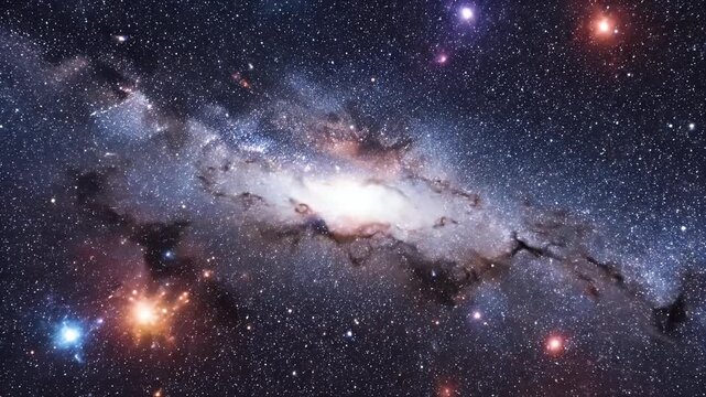 A luminous galactic core with swirling gas and distant, colorful stars