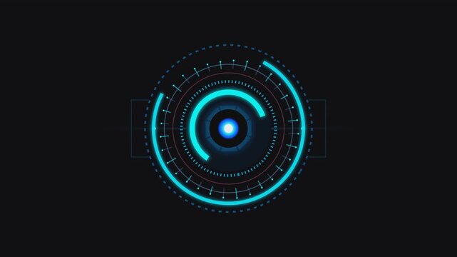 Futuristic hud interface element with pulsing lights and rotating circles on dark background.