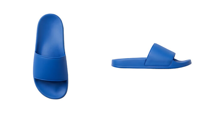 Pair of blue rubber slide sandals shown from and side views, casual summer footwear for beach or pool, isolated on white background