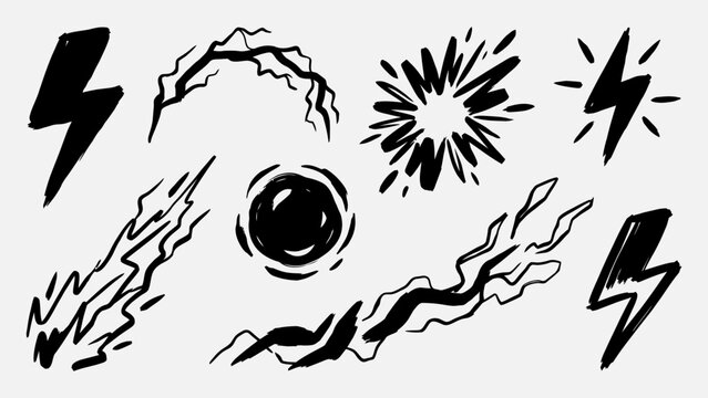 Hand drawn lightning bolt and electric spark vector set with brush stroke energy elements for comic and manga design