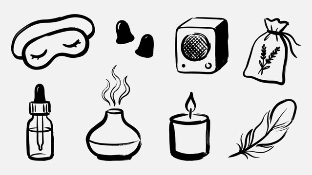 Hand drawn sleep and relaxation icons set with sleep mask earplugs diffuser candle and essential oil bottle for wellness design