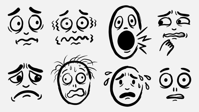 Hand drawn cartoon faces showing fear anxiety and panic vector illustration set of worried and stressed facial expressions