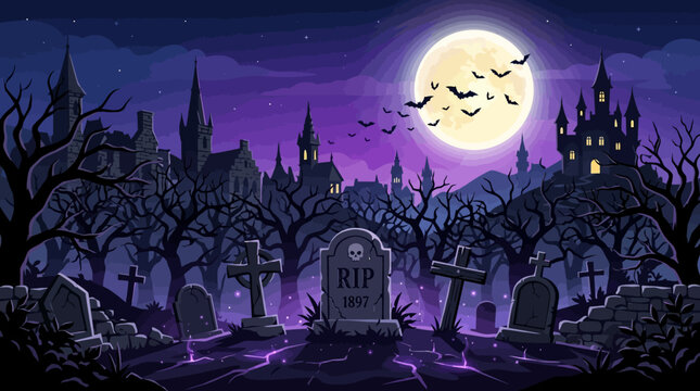Spooky Halloween graveyard background with full moon, haunted cemetery landscape with tombstones and gothic castle, purple night sky with bats vector