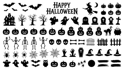 Halloween silhouette icon set, spooky black vector elements for holiday design, creepy pumpkin and ghost illustrations, haunted house and skeleton graphics © SiyamolHasan