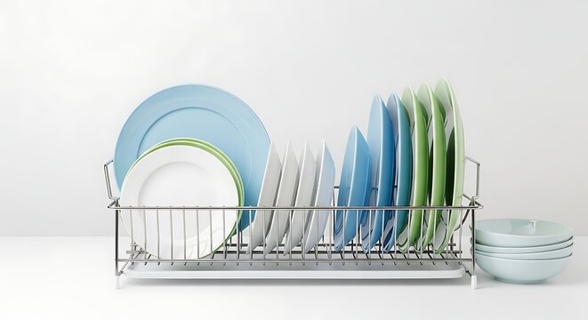 Dish rack with clean plates and utensils.