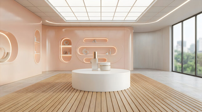 Modern minimalist interior room with a round display table and wooden floor