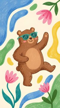 Cartoon bear in sunglasses with floral abstract shapes.